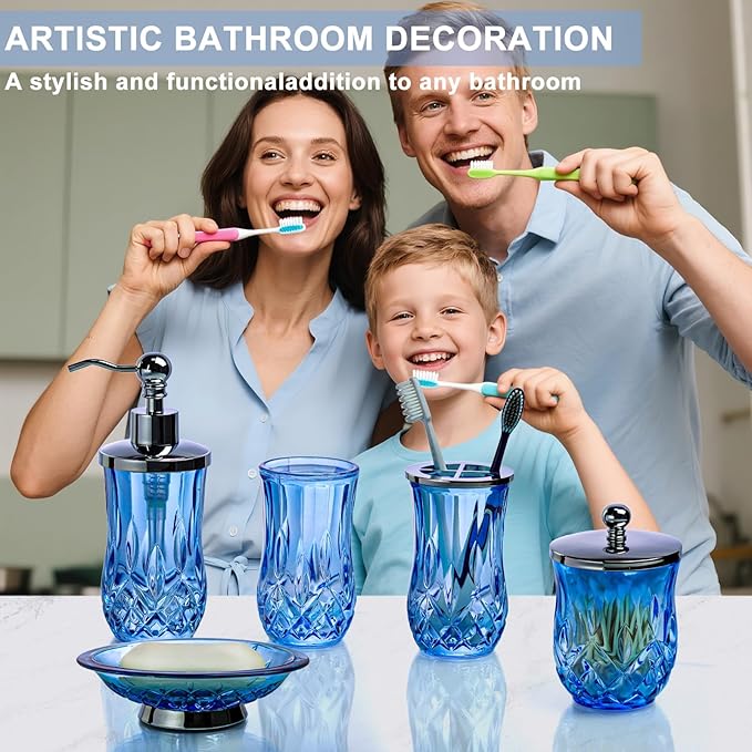 Bathroom Accessories Set,5 Pcs Blue Glass Bathroom Accessory Set,Complete Lotion Soap Dispenser,Toothbrush Holder,Soap Dish,Tumbler & Jar,Modern Bathroom Decor Sets Gift,Round