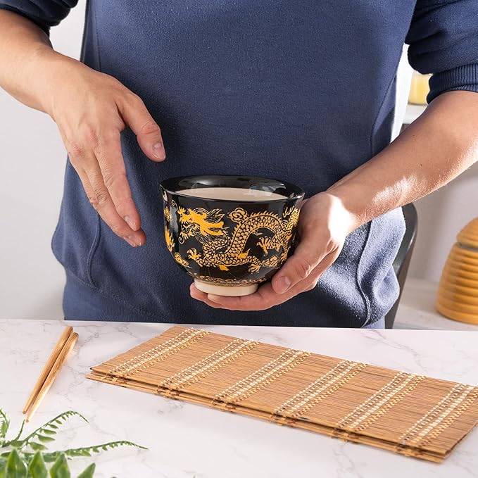 Urban Tokyo Handpainted Ceramic Glazed Japanese Ramen Udon Noodle Rice Bowl With Chopsticks 20 fl oz 5 inch Diameter Bowl Sets Color Box Packaging (Oriental Dragon Black)