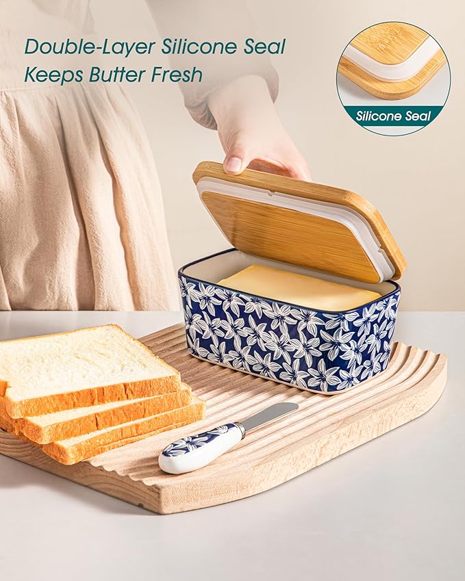 vancasso SELENE Butter Dish with Lid, 6.5" Large Butter Dish for Countertop, Ceramic Butter Keeper Container with Knife and Bamboo Lid, Blossom Cluster Pattern