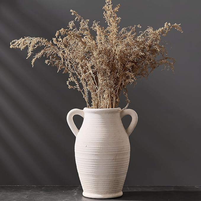 Emotionally Grounded Vase, Vaseking Large Ceramic Rustic Vase with 2 Handles, 9.8 inch Minimalist Decorative Farmhouse Tall Vases for Home Decor, Living Room, Enterway, Table Decoration, Off White