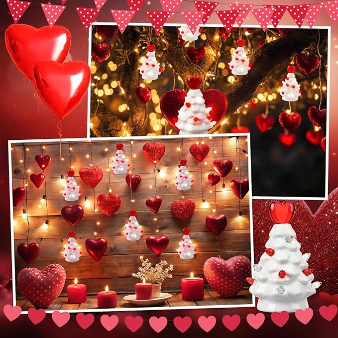 Leinuosen 6 Set Mini 4 Inch Ceramic Valentine's Day Tree Ornament with LED Lights Valentine Tree Hanging Light up Ornaments Pre Lit Hand Painted for Tabletop Home Table Holiday Decor (White, Heart)