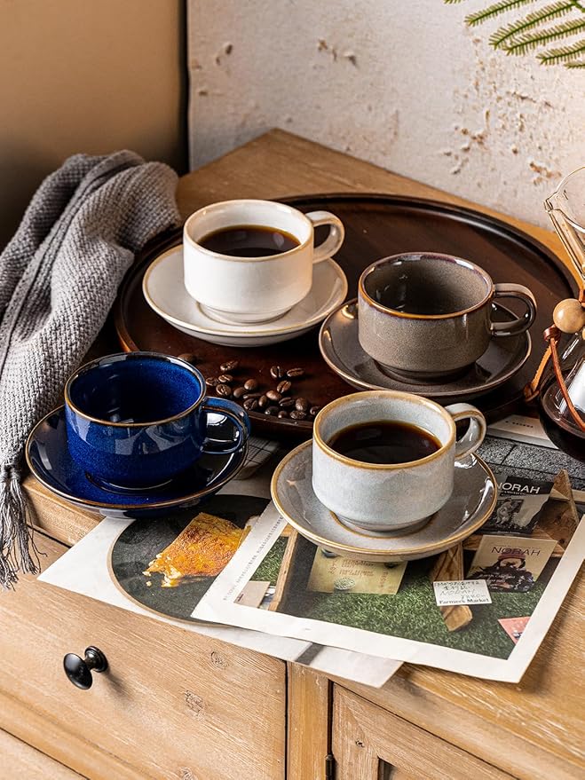 Gomakren 6 Ounce Cappuccino Cups with Saucers and Metal Stand, Stackable Coffee Cup Set of 4, Valentine Porcelain Espresso Cups for Coffee Drinks, Cappuccino, Latte, Americano, Tea, Cobalt Blue