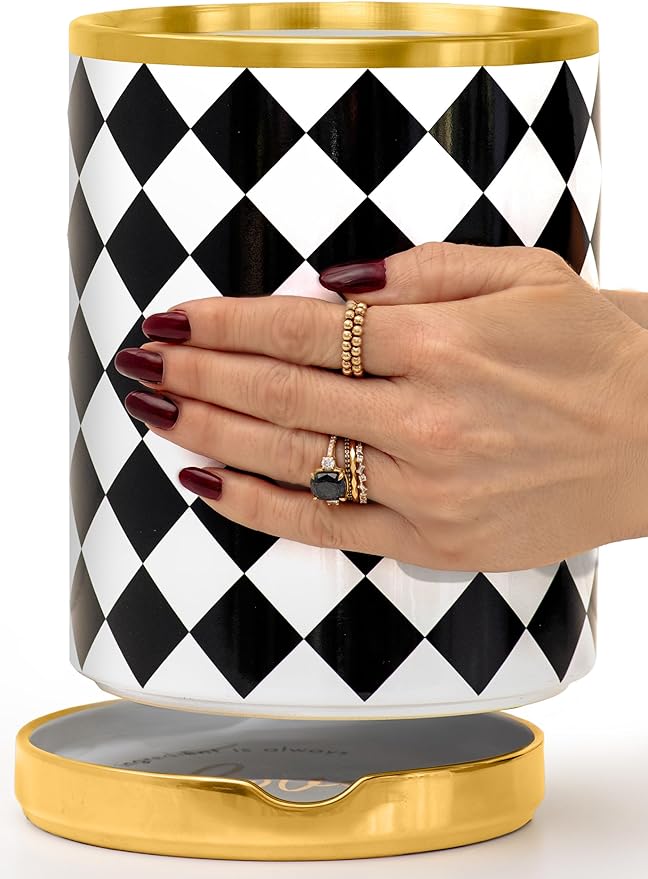 STYLED SETTINGS Black & White Checkered Utensil Holder Set – Large Ceramic Kitchen Utensil Holder for Countertop with Gold Spoon Rest – Stylish Checkered Kitchen Decor & Organizer