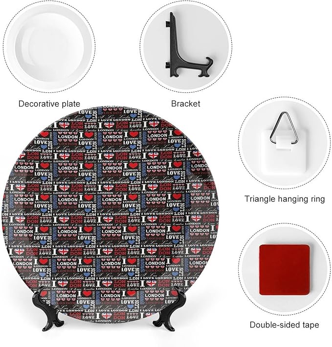 XISUNYA 8 Inch Decorative Plate, London Tableware Plate, Cute Valentines Hearts I Love London Quote Travel Print Ornament Display Plate Handmade Plate Wedding Gifts, Multicolor