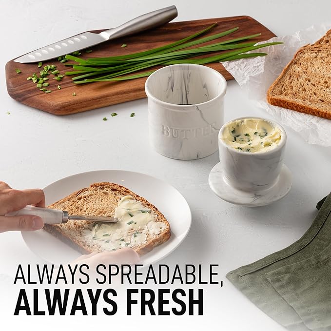 Zulay Kitchen Bell Shaped Butter Crock with Lid for Countertop with Water Line & Spreader Knife, Ceramic French Butter Dish Keeper For Fresh, Soft & Spreadable Butter - Marble