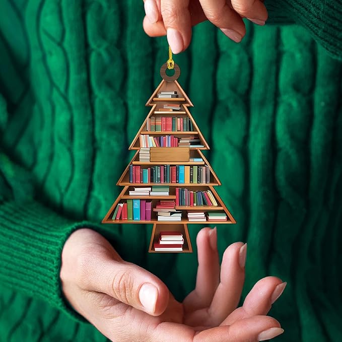 NGHYANA Wooden Christmas Tree Bookshelf Ornament 4 Inch Book Lover Holiday Decoration
