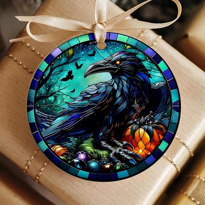 Stained Glass Style Raven Christmas Ornament – Creepy Dark Gothic Crow with Pumpkin & Moon – Halloween and Holiday Tree Decor for Raven Lovers, Gothic Home Accent, 2.9 Inch Ceramic