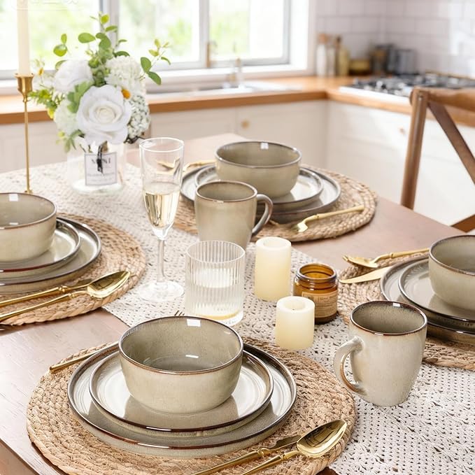 GBHOME Dinnerware Sets for 8, 24 Pieces Stoneware Plates and Bowls Sets, Scratch Resistant Dishes, Dishwasher & Microwave Safe, Reactive Glaze