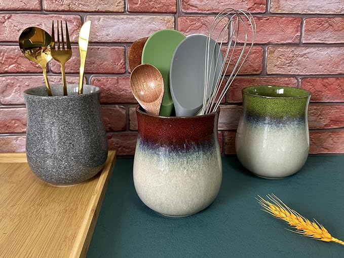 Short Kitchen Utensil Holder for Kitchen Counter, Ceramic Small Utensil Crock & Vase & Holder for Cutlery Spatula Brush Silverware Cooking Utensil Holder (Retro Burgundy Red)