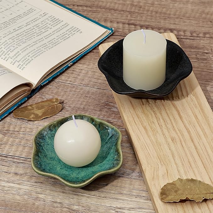 Koythin 2-Piece Ceramic Candle Holder, Aesthetics Candlestick Holders for Tea Lights, Lotus Leaf Shape Candle Stand for Mantle Table, Adorable Vintage Decor for Weddings Dining (Green)