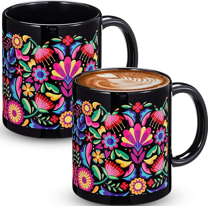 Sliner 11 oz Mexican Ceramic Coffee Mugs Set of 2 Fiesta Gifts Cinco De Mayo Cups Mandala Flowers Tea Cup Festive Holiday Birthday Gifts for Men Women
