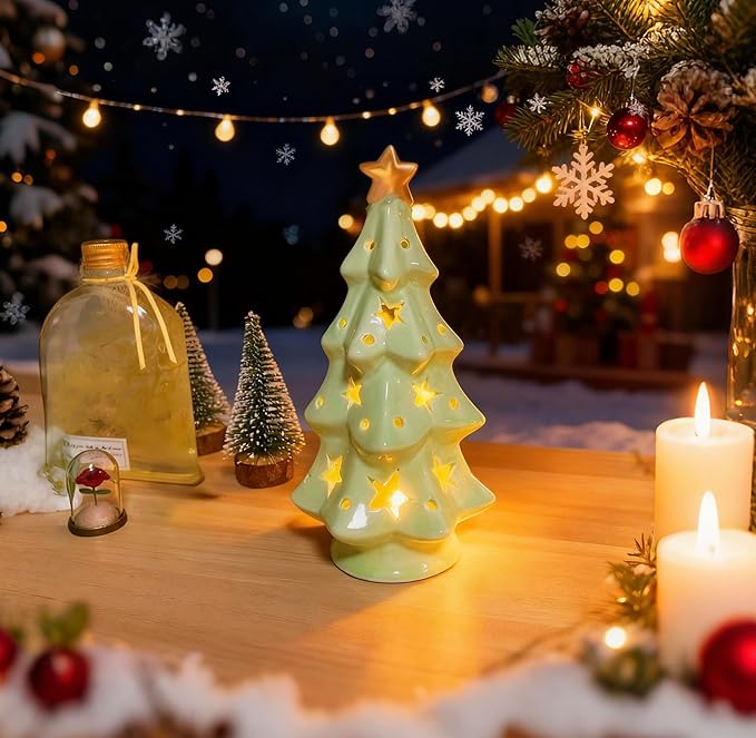 Ceramic Christmas Tree with Lights, Star-Shaped Hollowed-Out Design Tabletop Holiday Tree, Star Topper, Christmas Decor(7in)