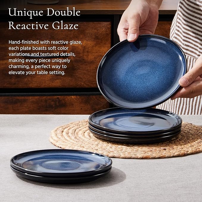 E-far 8” Ceramic Salad Plates Set of 6, Reactive Glaze Stoneware Dishes, Round Dessert Plate for Home Kitchen Restaurant, Microwave & Dishwasher Safe – Deep Sea Blue