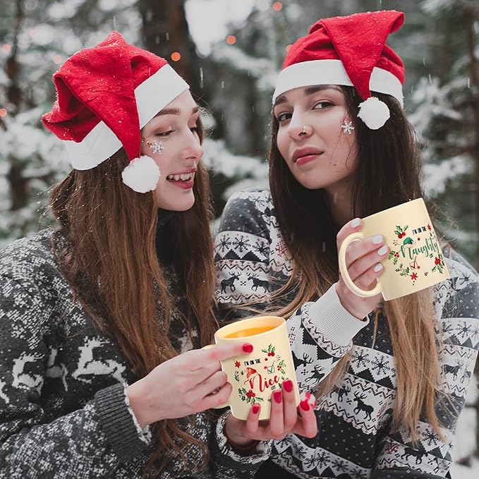 Sliner 11 oz Christmas Ceramic Coffee Mugs Set of 2 Naughty Nice Coffee Cup Funny Gift Cute Festive Ceramic Tea Cup Xmas Holiday Birthday Gifts for Men Women