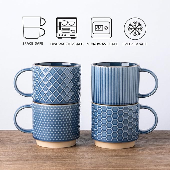 GBhome 15OZ Stackable Coffee Mugs, Ceramic Coffee Cups with Texture Patterns for Man,Woman,Dad,Mom, Modern Mugs Set of 4 for Latte/Cappuccino/Cocoa. Dishwasher&Microwave Safe, Blue