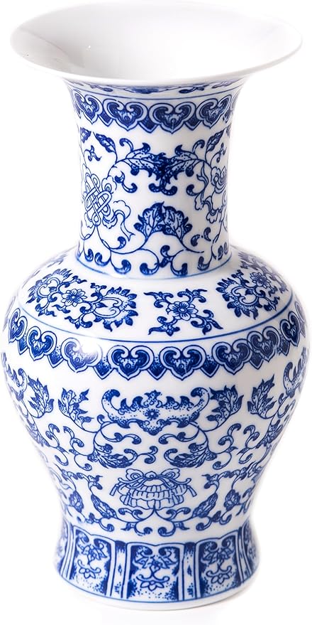 Vintage Blue and White Porcelain Vase, Chinoiserie Ginger Jar Vase for Home Decor, Flower Vase for Tabletop, 12" H