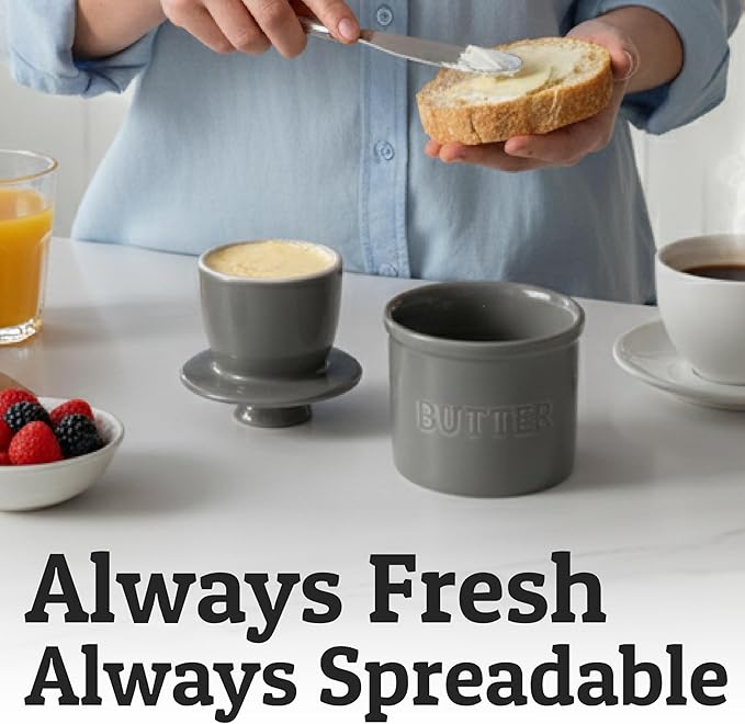 PriorityChef Butter Crock with Lid with Water Line, Ceramic French Butter Dish to Leave On Counter, Grey
