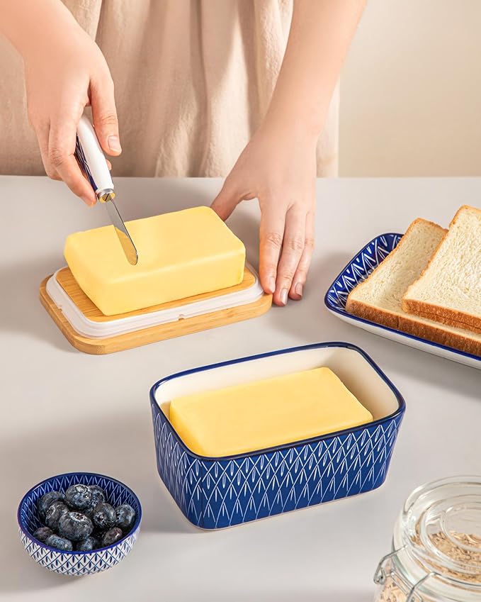vancasso SELENE Butter Dish with Lid, 6.5" Large Butter Dish for Countertop, Ceramic Butter Keeper Container with Knife and Bamboo Lid, Geometric Weave Pattern