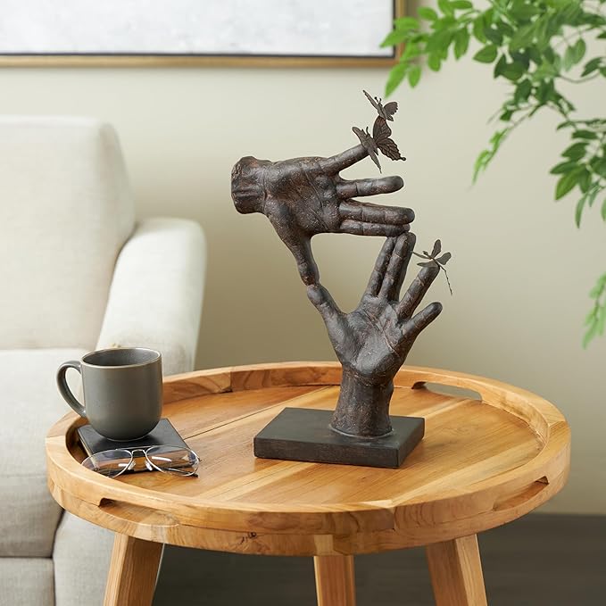 Deco 79 Polystone Hands Decorative Sculpture Sign Home Decor Statue with Butterrfly Accents, Accent Figurine 11" x 5" x 16", Dark Brown