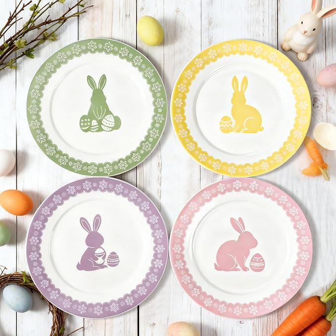 Rtteri 4 Pack 9 In Easter Bunny Ceramic Plate Pastel Spring Ceramic Dessert Plate Rabbit Easter Salad Dishes Dinnerware for Home Brunch Spring Party Kitchen Wedding Decor