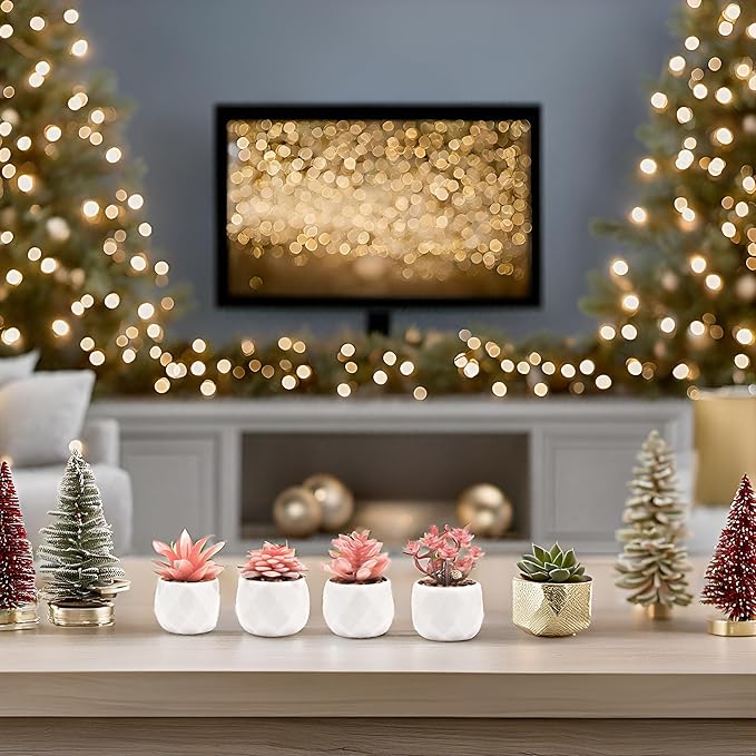 VIVERIE Mini Faux Succulents Plants Artificial in Pots-Rose Pink Desk Accessories, Small Fake Succulents Plants for Home Decor Indoor for Women, White Ceramic, Set of 4