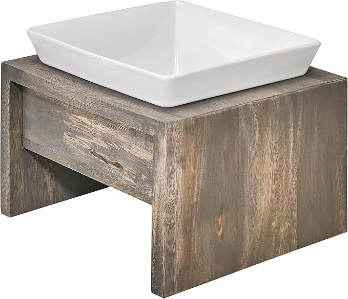 Bowsers Artisan Diner Single Dog Feeder - Handcrafted Rubberwood Frame with Square Ceramic Bowl Feeder for Dogs - Fossil, Medium, 10” x 10” x 6”