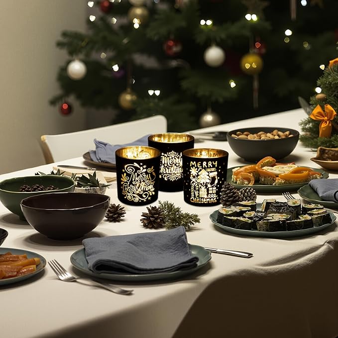 Rancco Votive Candle Holders, Christmas Black and Gold Glass Tea Light Candle Holder Set of 3, Vintage Candlesticks for Christmas Table Centerpieces, Birthday, Party, Home Tea Party Decor