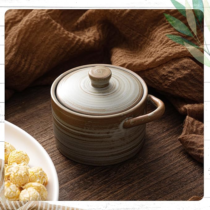 Honeydak Speckled Ceramic Salt Cellar with Lid and Wooden Spoon, Rustic Farmhouse Salt Pepper Cellar Holder for Valentines Day,Housewarming Gift, Heavyweight Spices Jar(Threaded Brown,1 Set)