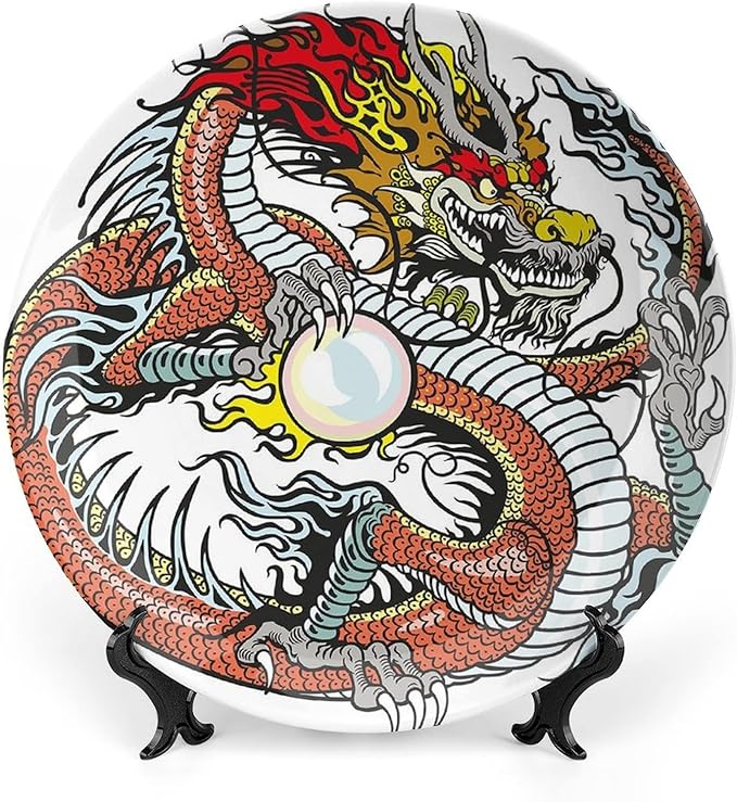 XISUNYA 10 Inch Decorative Plate, Dragon Ceramic Craft, Traditional Chinese Creature Holding Pearl Zodiac Print Ceramic Wall Hanging for Home Office Party Dinner Table Decor