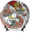 XISUNYA 10 Inch Decorative Plate, Dragon Ceramic Craft, Traditional Chinese Creature Holding Pearl Zodiac Print Ceramic Wall Hanging for Home Office Party Dinner Table Decor