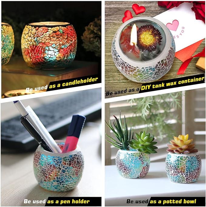 Votive Candle Holders for Table Centerpiece (NO Candles) Wedding Dinner by Candlelight,Tea Light Holders Mosaic Candle Holdes Candlescape Bowl for Valentine's,Christmas Party Decor 1 PC(Rainbow)