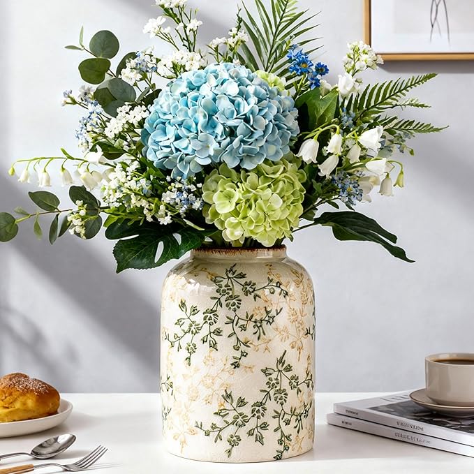 Green Chinoiserie Floral Vase, Ceramic Farmhouse Flower Vase, Creative Ice Cracked Vintage Vases for Home Decors, Cottage, Dining Coffee Table Centerpiece, Bookshelf, Tuscan Decor,8.3 Inch