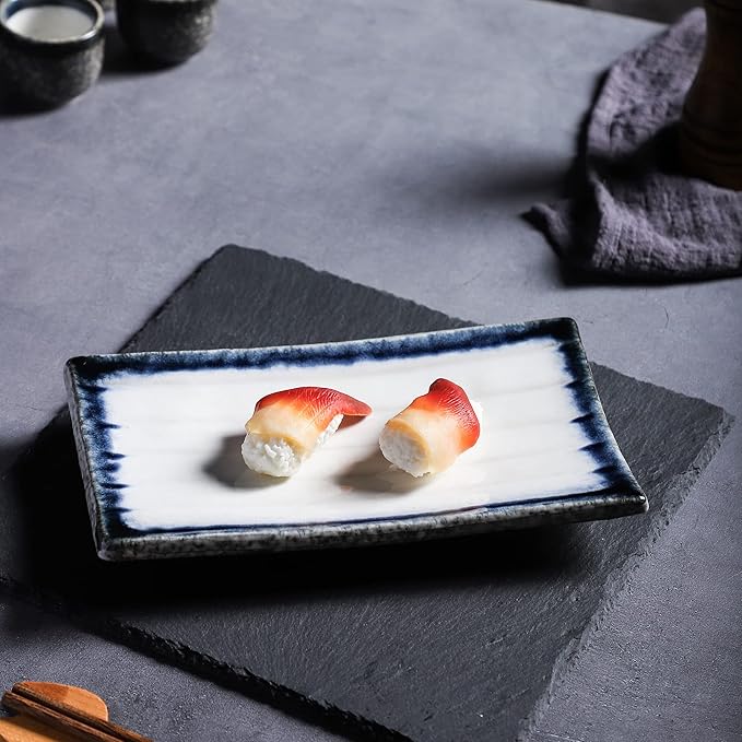 Uaral Sushi Plate,Ceramic White Sushi Plate Sashimi Plate Japanese Platter For Restaurant and Sushi Bar,Set of 4(Midnight Blue&White)