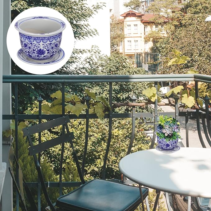 DOITOOL Blue and White Ceramic Planter Pot Chinese Ceramic Flower Pots Oriental Planter Decorative Succulent Plant Pot with Trays for Balcony Yard Home Decoration