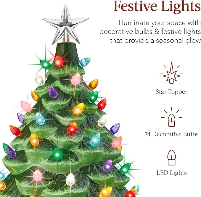 Best Choice Product 24in Extra Large Ceramic Christmas Tree, Pre-Lit Hand-Painted Tabletop XL Indoor Holiday Tree, 74 Multicolor Bulbs, LED Lights - Green