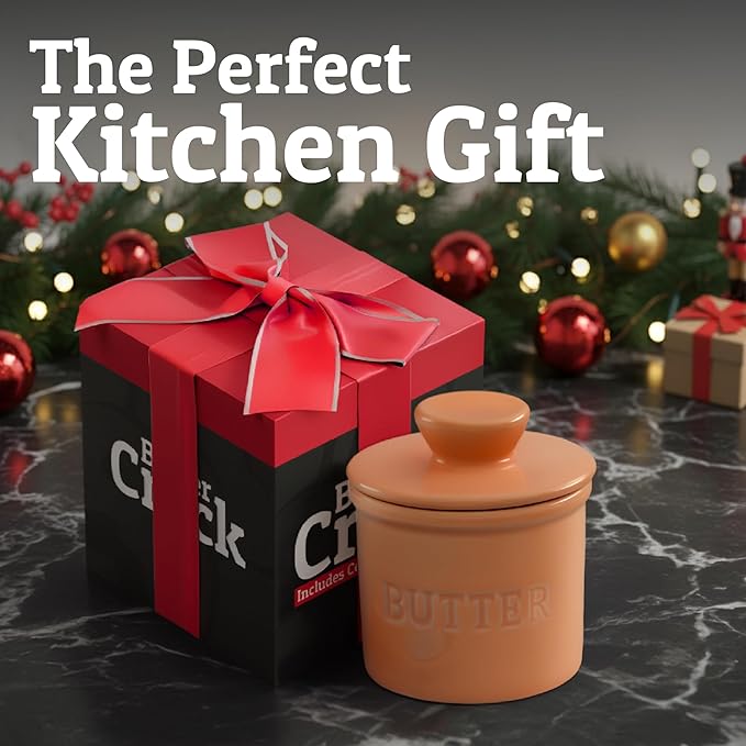 PriorityChef Butter Crock with Lid with Water Line, Ceramic French Butter Dish to Leave On Counter, Peach