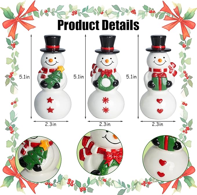 NEROSUN Christmas Snowman Figurines, Set of 3 Ceramic Cute Snowman Ornaments Christmas Decorations, Winter Table Centerpiece for Indoor Cabinet Mantel Fireplace Holiday Xmas Decor