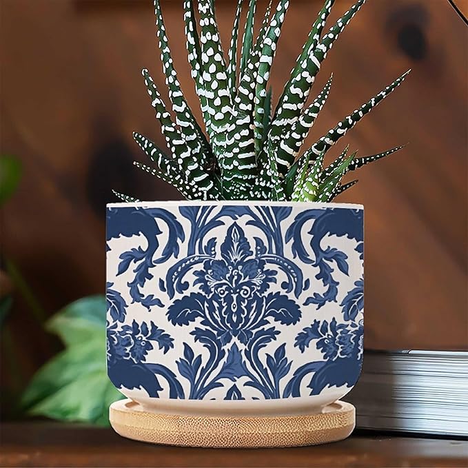 Blue Regalia Lion Small Ceramics Pots for Plants Set of 5 Indigo Blue Flower Lion Asian Ceramics Planter with Drainage and Bamboo Tray Chinoiserie Asian Garden Decor Succulent Pot