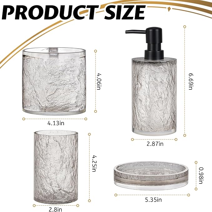 Modern 4 Pcs Resin Bathroom Accessories Set: Soap Dispenser, Toothbrush Holder, Tumbler, Soap Dish, Unbreakable, Durable, Easy to Clean, Bark Pattern, Translucent Black