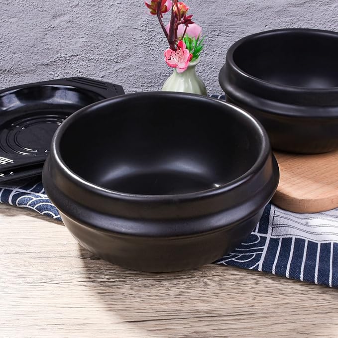 Korean Stone Bowl with Tray - Premium Ceramic Stone Hot Pot for Bibimbap Soup, Stews, and Rice - 37.1 oz Capacity - Dishwasher, Microwave, Oven, and Stovetop Safe