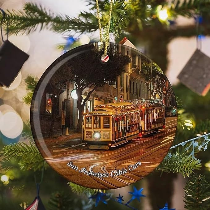 California San Francisco Cable Cars Night USA America Christmas Ornaments for Tree Ceramic Pendant Double Sided Ornament Decor Xmas Gifts Porcelain Hanging Travel Souvenirs Birthday Gift for Family