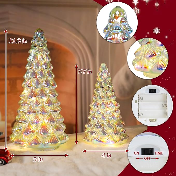 VCUTEKA Small Tabletop Christmas Tree with Light White Mercury Glass Christmas Tree Battery Operated Mini Xmas Tree for Fireplace Bathroom Table Xmas Holiday Decor 8" 12", Set of 2