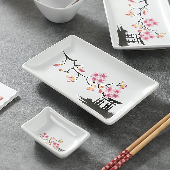 10 pcs Japanese Sushi Plate Sets Serving Platters and Trays for Entertaining Sushi Dishes Set Plates Sushi Plates Traditional Cuisine Dinnerware Sets with Chopsticks Pink Sakura