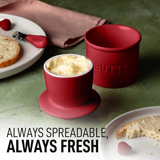 Zulay Kitchen Bell Shaped Butter Crock with Lid for Countertop with Water Line & Spreader Knife, Ceramic French Butter Dish Keeper For Fresh, Soft & Spreadable Butter - Garnet