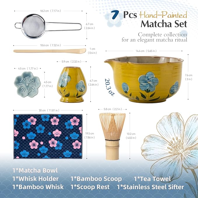 Matcha Whisk Set, 7Pcs Matcha Set with Hand-Painted Ceramic Matcha Bowl, Matcha Whisk and Holder, Scoop and Rest, Sifter, Tea Towel, Artisan Matcha Kit for Ceremony & Gifting (Yellow)