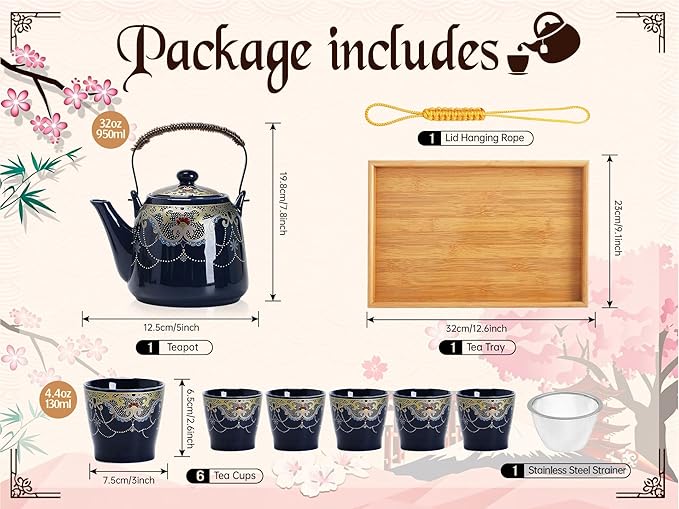 Japanese Tea Set for Adults, Japanese Teapot Set with 1 Teapot (32oz/920ml), 6 Tea cups (4.5oz/130ml), 1 Tea Tray, 1 Stainless Infuser, Kiln altered glaze Porcelain tea set (Jeweled Necklace)