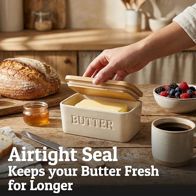 PriorityChef Extra Large Butter Dish with Lid for Countertop, Ceramic Butter Container With Airtight Cover, Butter Keeper for Counter or Fridge, Butter Holder Storage, Cannoli Cream