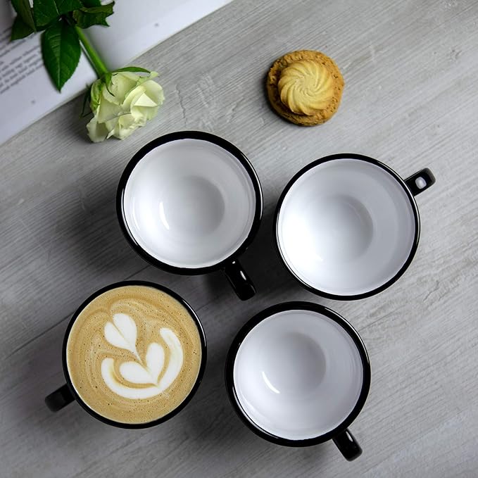 City to Cottage Handmade Black and White Polka Dot Large Ceramic 12oz/350ml Cappuccino Coffee Tea Cup and Saucer, Unique Designer Pottery for Tea Lovers