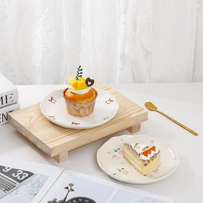 Koythin Ceramic Dessert Plates, Cute Fruits Dinner Plate, Printed Flowers Dinnerware for Office and Home, Kitchen Plates for Desserts (Double Line Bow)