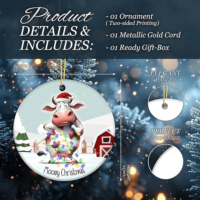 Cow Ornament 2025, Mooey Christmas – Funny Farmhouse Christmas Tree Decoration, Cute Cow Tangled in Lights, Rustic Barn Winter Scene, Ceramic Holiday Ornament for Cow Lovers, Farmers